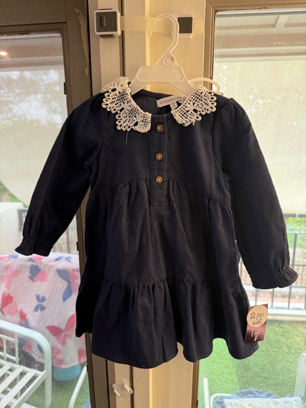 Girls' Navy Dress with White Crochet Collar